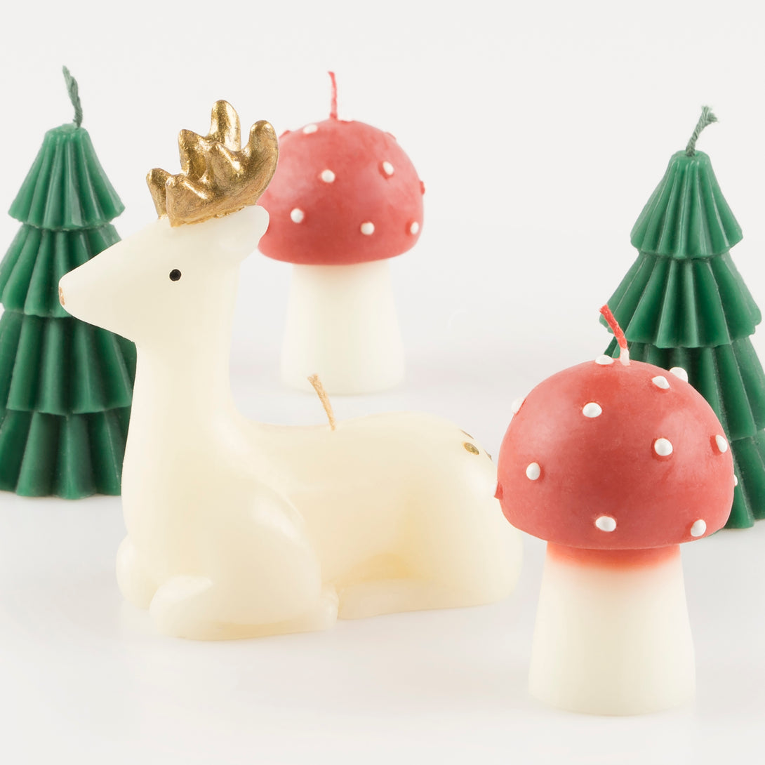 Our festive candle set, with Christmas tree candles, reindeer and mushrooms, make a great Christmas host gift.