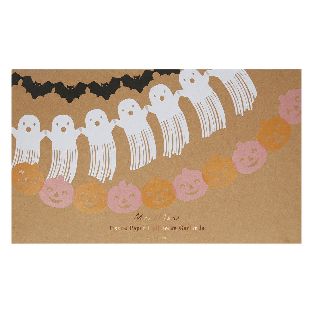 Our tissue paper Halloween garlands are in the shape of pumpkins, bats and ghosts.