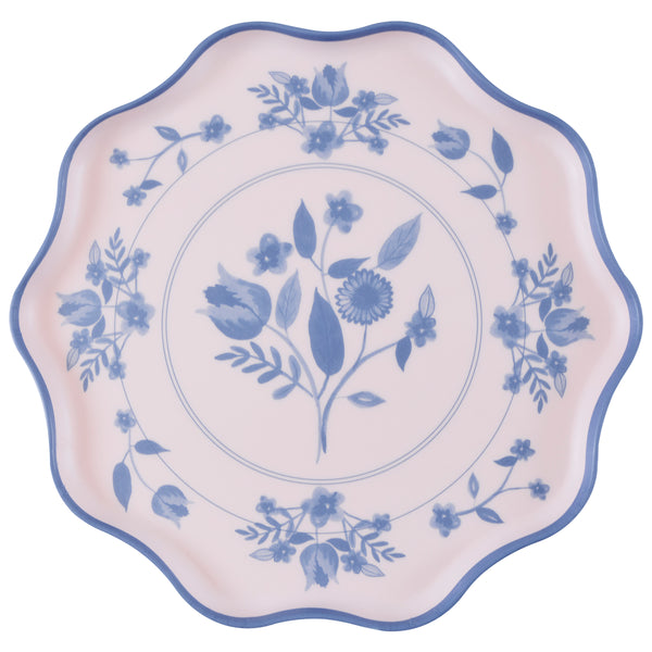 Our large reusable plates, made from practical melamine, come in four pastel shades with a cobalt blue botanical print transfer. Image4