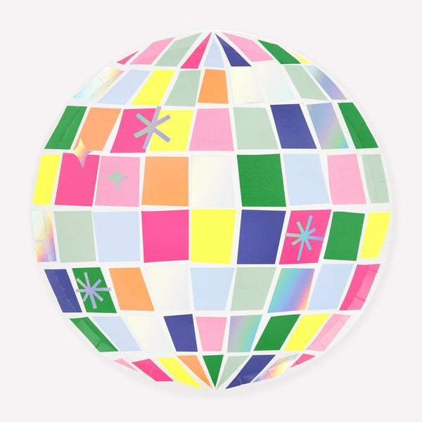 Our special paper plates are made to look like a disco ball, with holographic foil for shine and shimmer, ideal for a disco party. Image1
