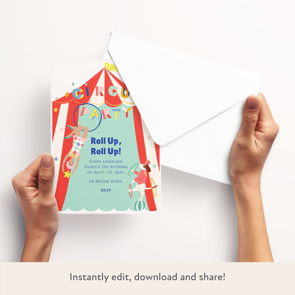 Our circus digital party invitation features a juggling dog, simply personalise it to make it perfect for your circus party. Image3