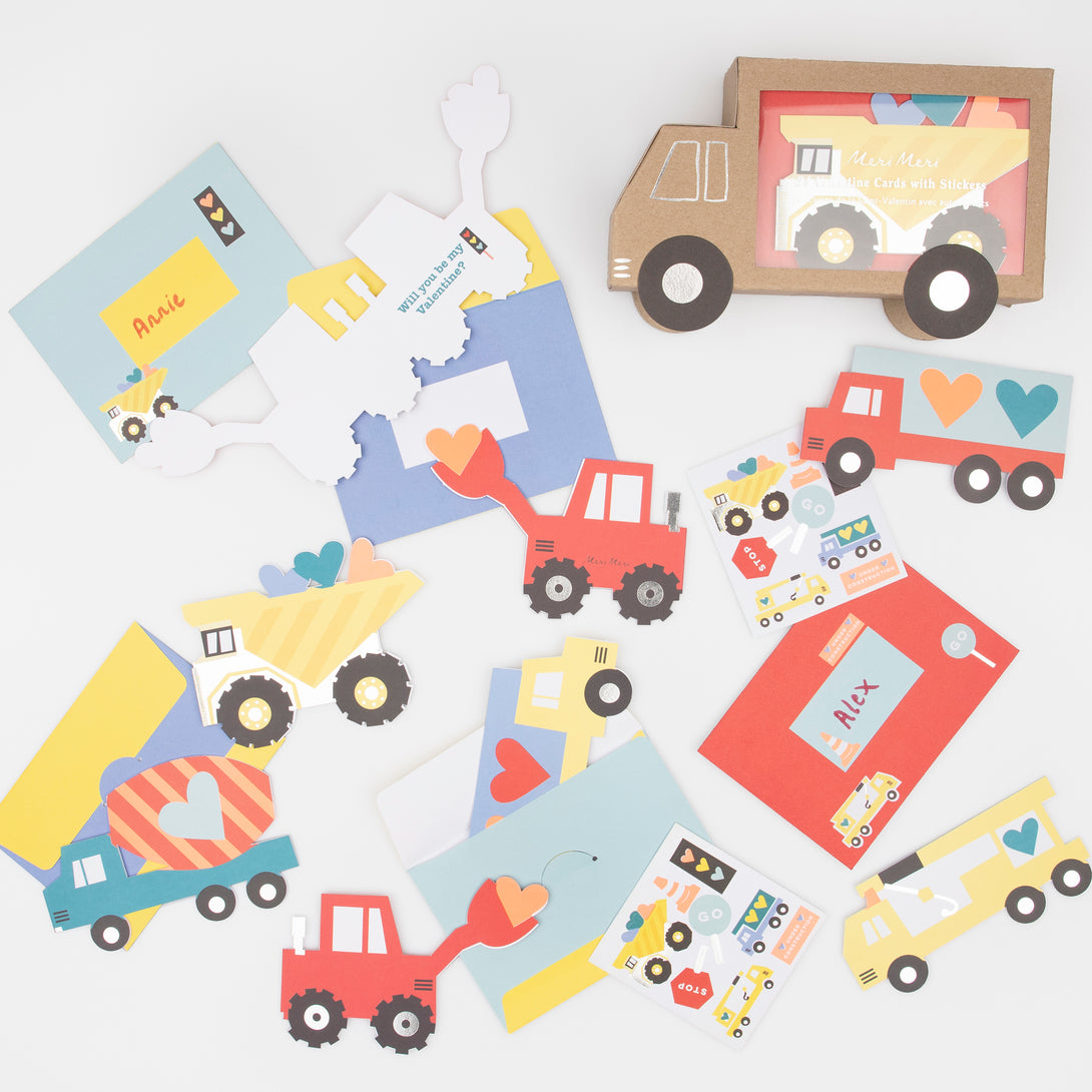 Our Valentine's cards for kids set include brightly coloured trucks and Valentine's stickers.