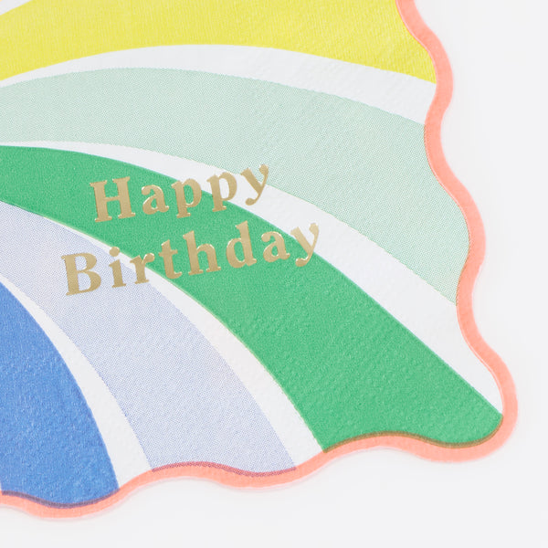 Our birthday paper napkins, in a small size, feature bright swirls of rainbow colours and a shiny gold foil Happy Birthday, colourful and fun. Image2