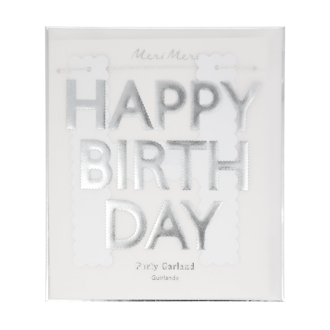 Our silver birthday garland gives a special look to a birthday party, place it on the party table, in a window, mantel, doorway or on a wall.