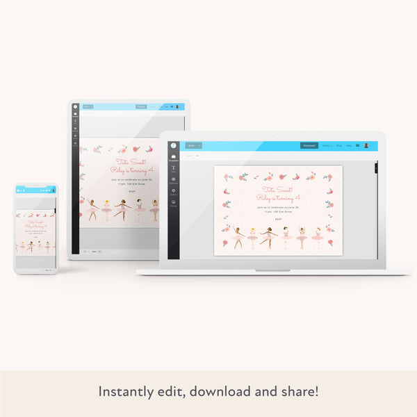 Our digital party invitation featuring pretty ballerinas is perfect for a ballet party. Image2