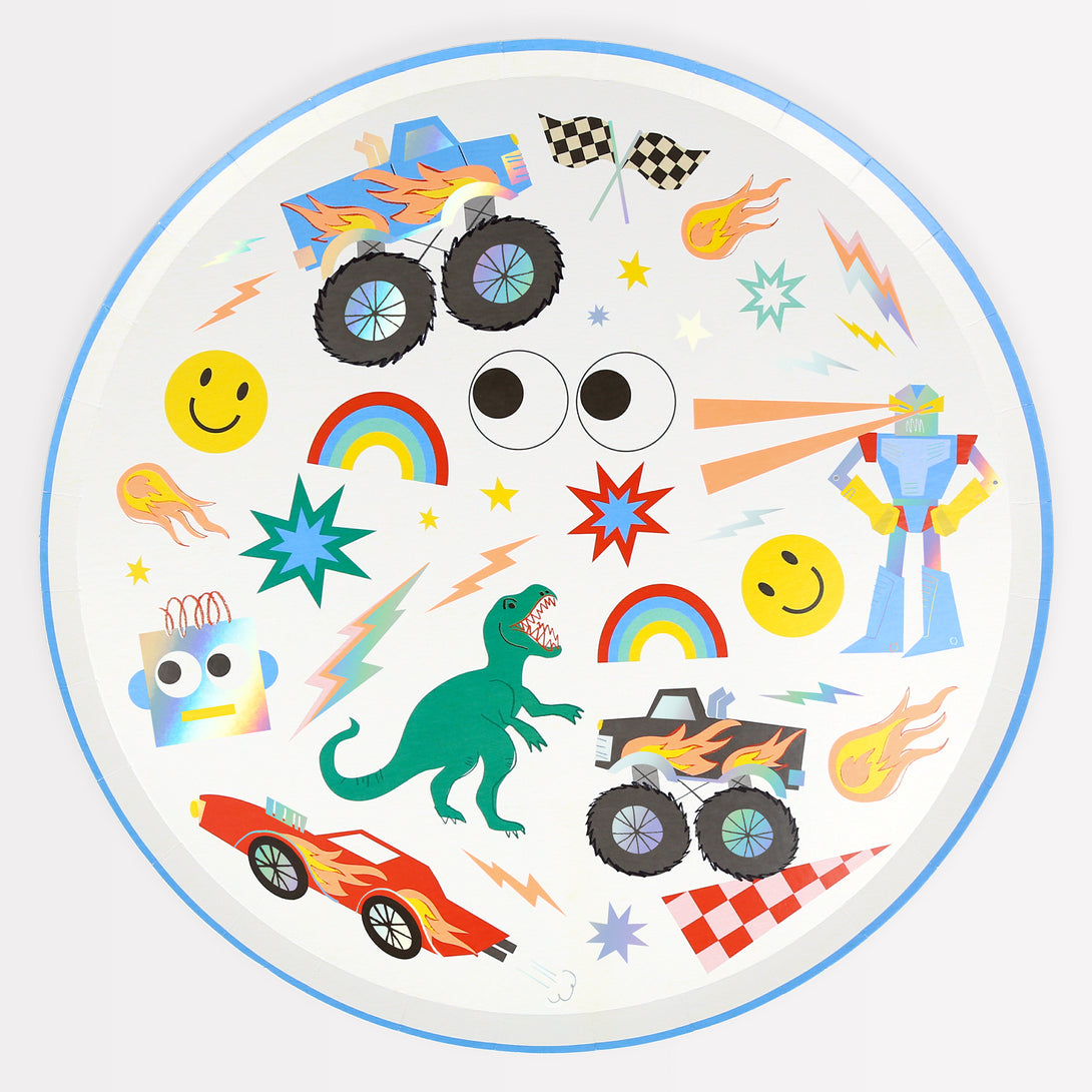 Use our party plates, with a retro bold and bright toy design, to make your birthday party look really great.