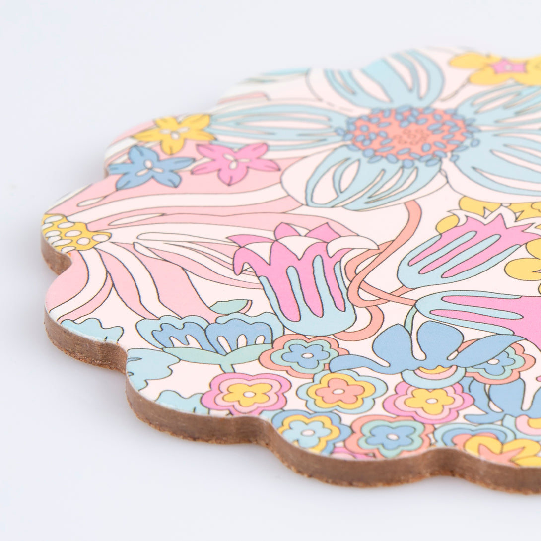 Our wooden coasters are made from a composite wood with floral Liberty prints, a laminated finish and a cork backing. Image4