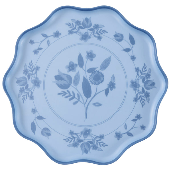 Our large reusable plates, made from practical melamine, come in four pastel shades with a cobalt blue botanical print transfer. Image5