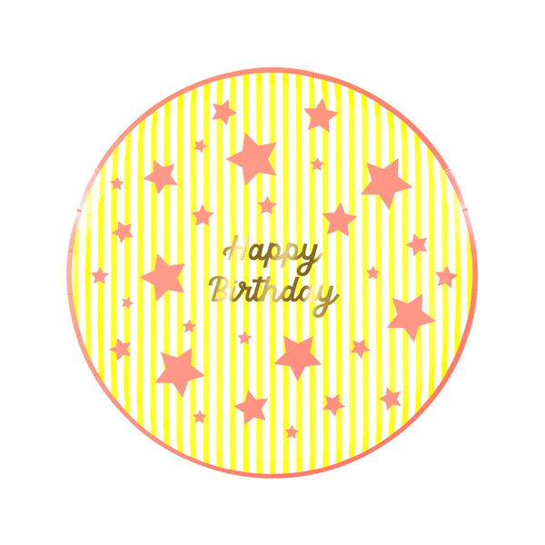 Our paper birthday plates, in a small side plate size, feature a shiny gold foil Happy Birthday message with stripes and neon stars, joyful! Image6