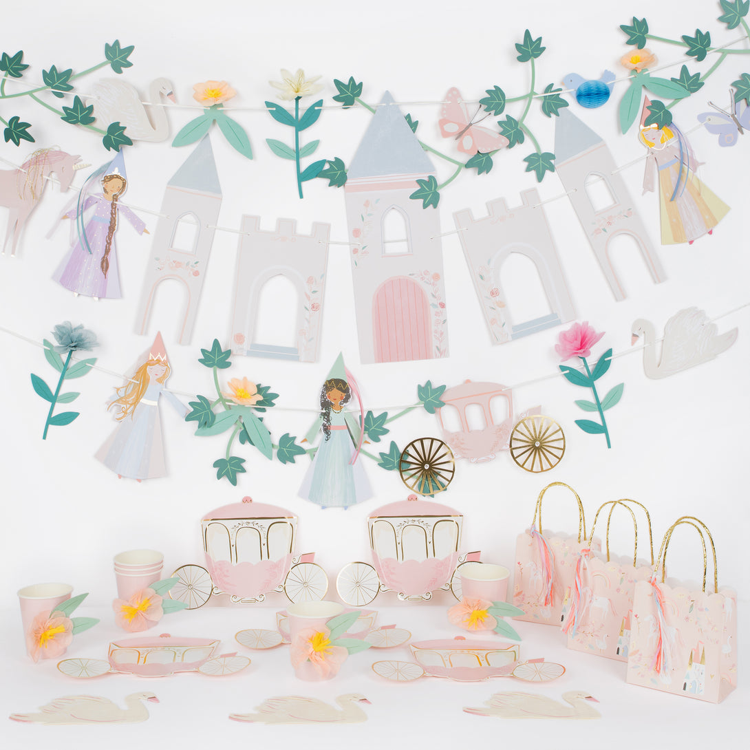 Our pretty princess party bundle includes a princess garland, plates, cups, napkins and party bags for a fabulous party for 8. 