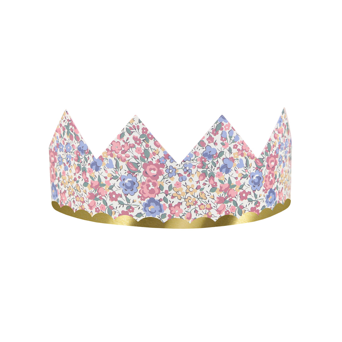 Our sophisticated paper hats are crowns with Liberty print designs, pink ribbons and gold foil, perfect for bridal showers and baby showers.