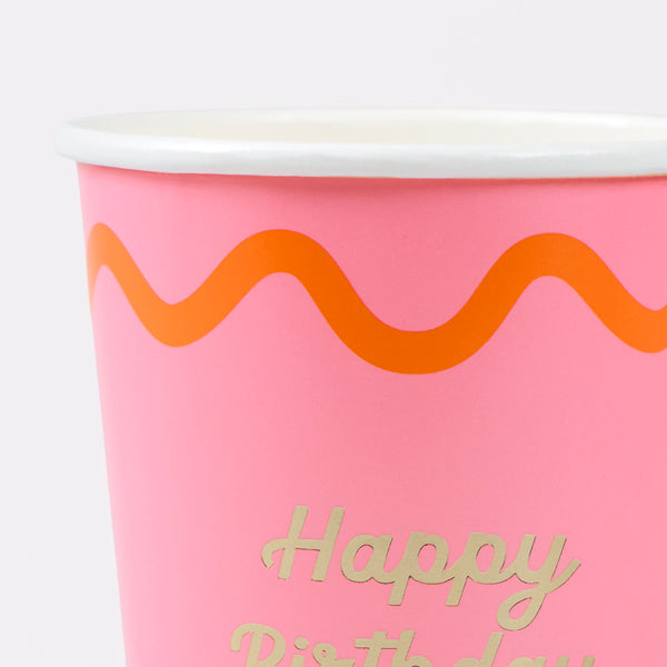 Our birthday party cups are created in eight bright colourways with a shiny gold foil Happy Birthday message, suitable for hot and cold drinks. Image3