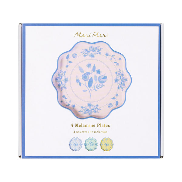 Our reusable plates, made from melamine in a small size, feature four pastel colours with a blue vintage botanical print design transfer. Image7