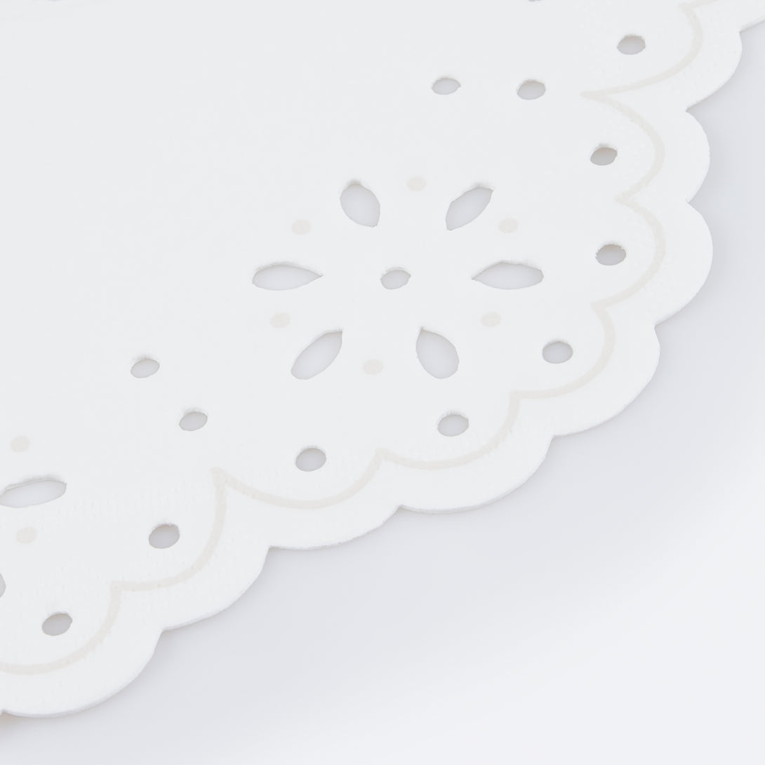 Our small party napkins, in white, have a pretty lace design and are ideal as baby shower napkins.