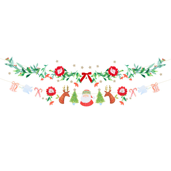 Our decorative set includes a Christmas garland with festive characters and another with foliage pennants, a velvet bow and a tinkling bell. Image3