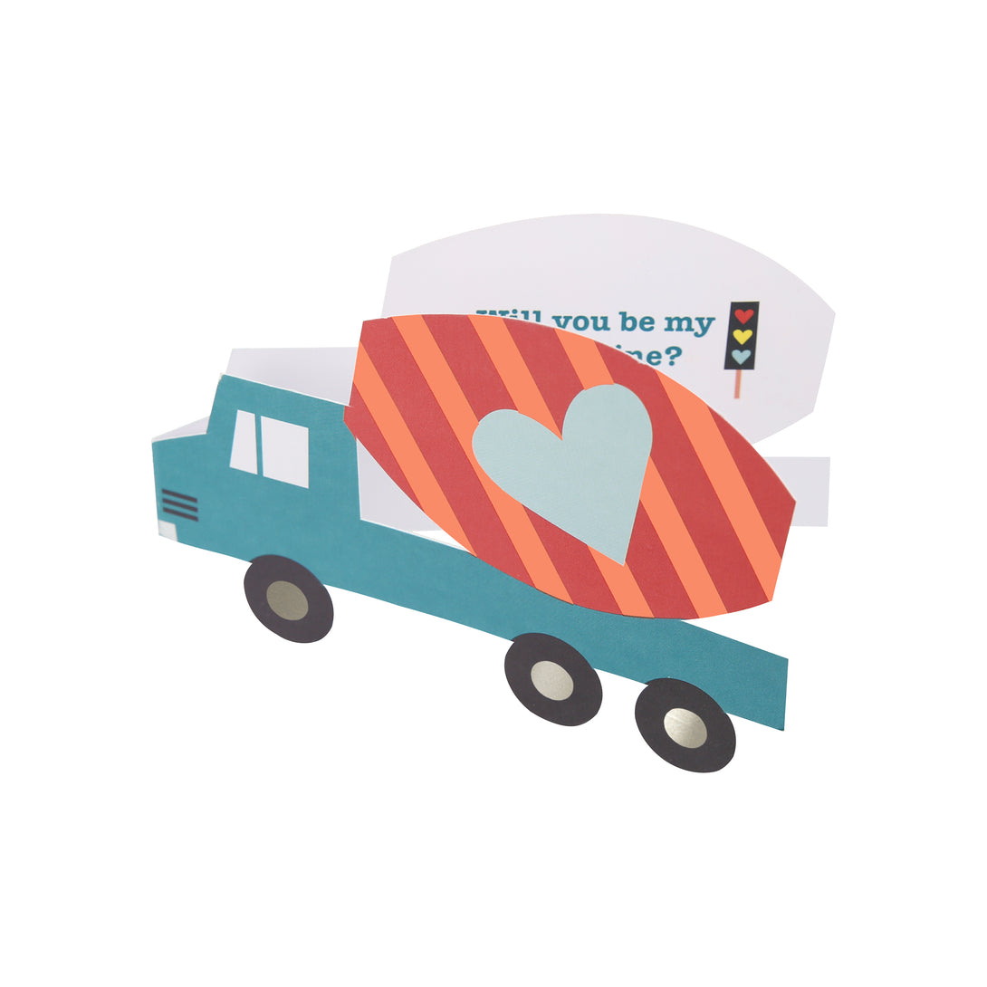 Our Valentine's cards for kids set include brightly coloured trucks and Valentine's stickers.