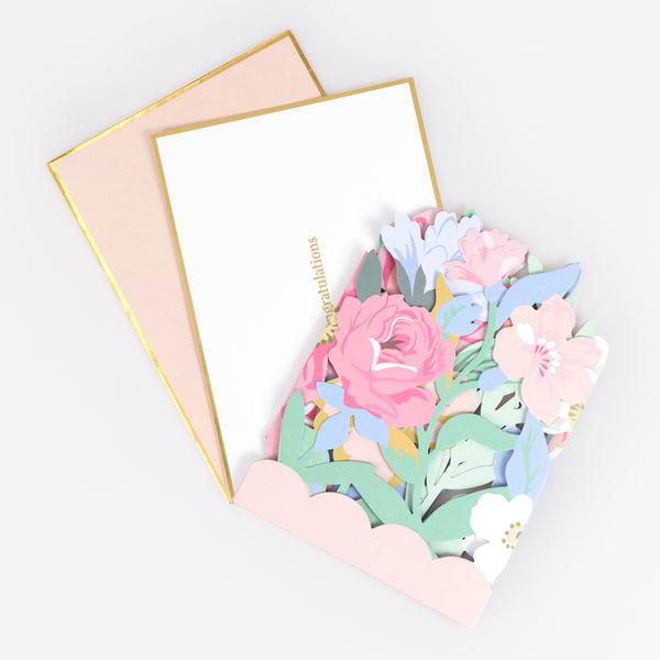 Our congratulations card features pretty paper flowers with shiny gold foil details, and an insert with a 'Congratulations' message. Image3