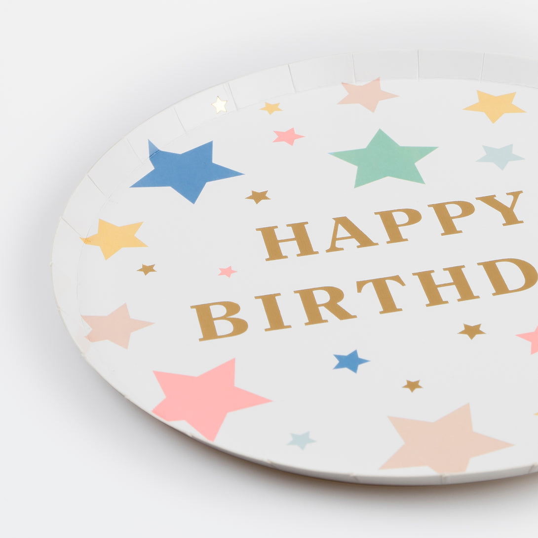 Our side plates with colourful stars and gold letters are perfect as birthday party plates.