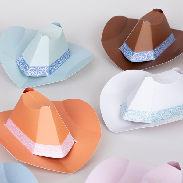 Our Western party set includes products for 8 guests, with paper plates, cups, napkins, mini cowboy hats, party bags and a statement garland.  Image1