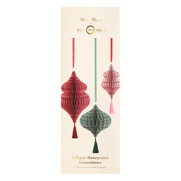Our hanging Christmas decorations, made from honeycomb, feature stylish Molly Mahon prints designs and shimmering tinsel tassels. Image7