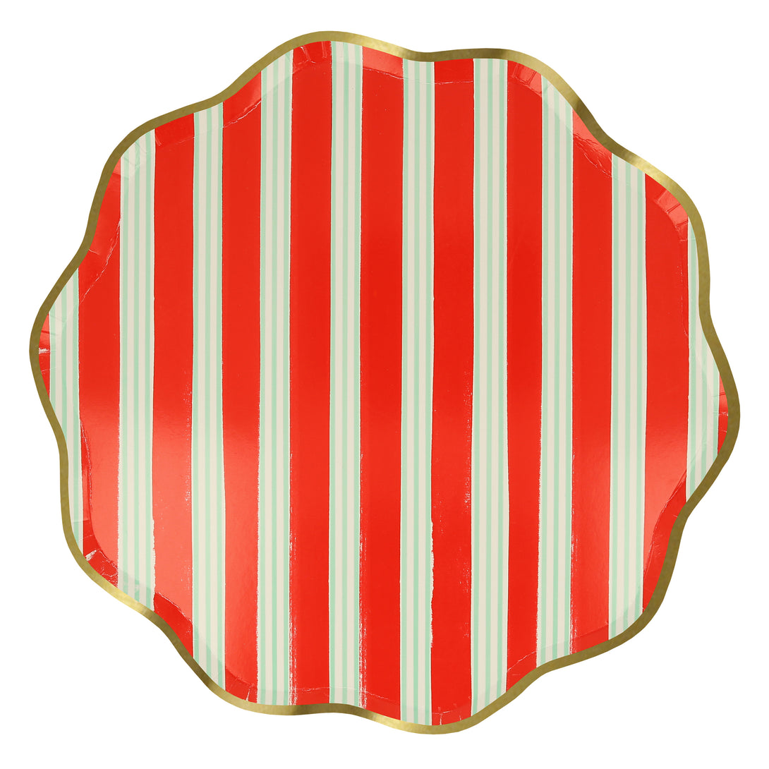 Our Christmas  paper plates feature stylish stripes in festive colours, wavy edges and shiny gold foil borders.