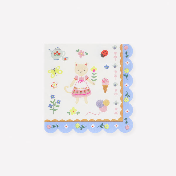 Our small napkins, made from soft 3-ply paper, feature a charming folk-inspired kitten design, ideal for young birthday parties. Image1