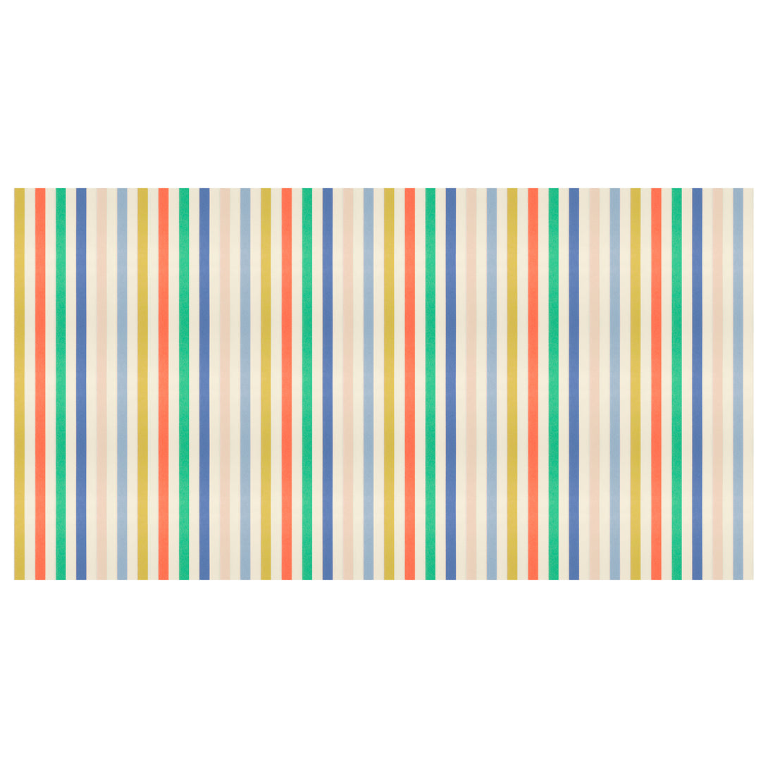 Our party tablecloth, made from laminated paper with colourful stripes, is great to add to your birthday party supplies.