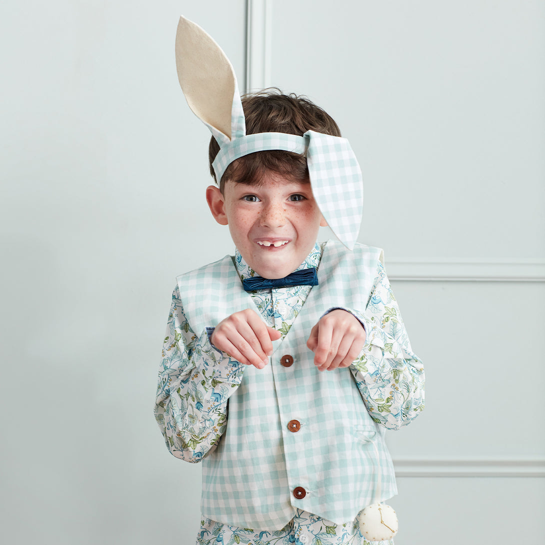 Our Easter outfit of bunny ears and a gingham waistcoat with pompom tail is gorgeous.,Our Easter outfit of bunny ears and a gingham waistcoat with pompom tail is gorgeous. Image1