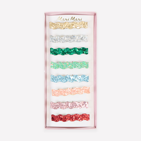 Our glitter hair clips, in a set of 8 vibrant colours, are perfect as Christmas gits, party favours or stocking fillers. Image1