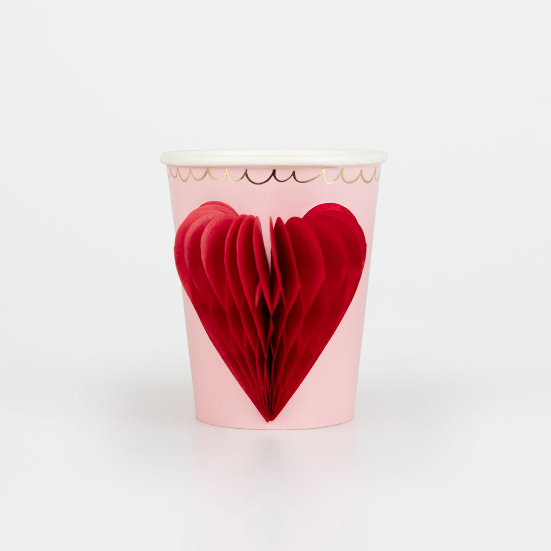 Our pink cups, with honeycomb red hearts, are the perfect party cups for Valentines.