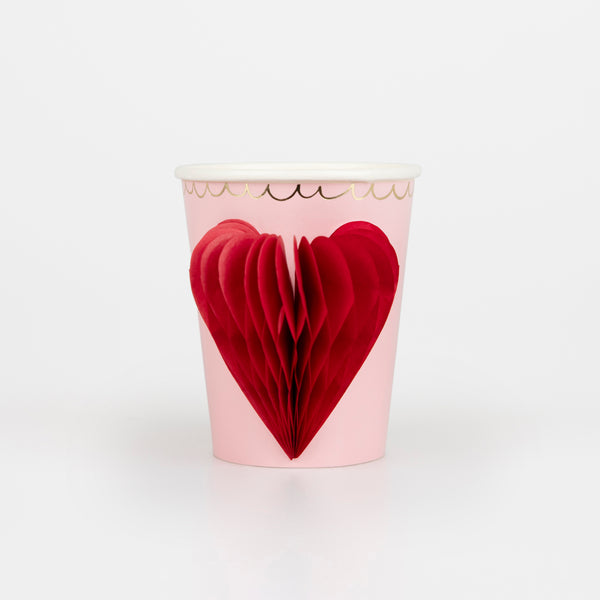 Our pink cups, with honeycomb red hearts, are the perfect party cups for Valentines.