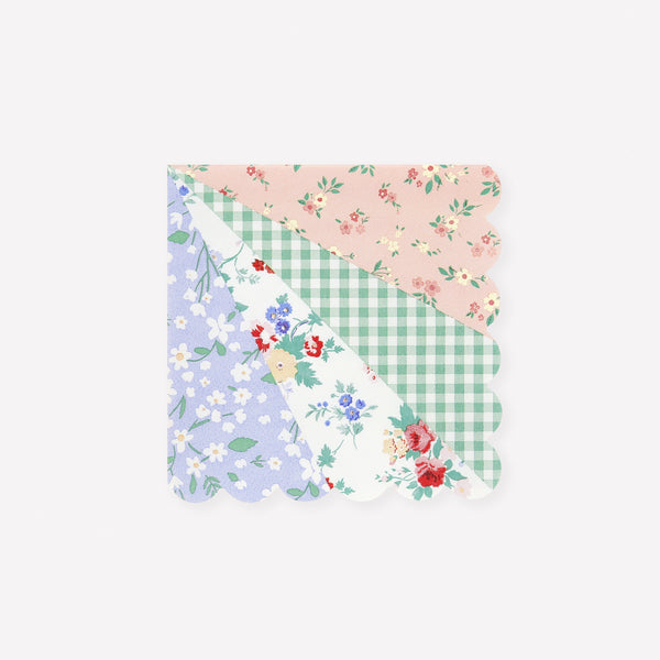 Our small napkins, made from 3-ply paper, feature a patchwork design of florals and ginghams in soft pastels, ideal as bridal shower napkins. Image1