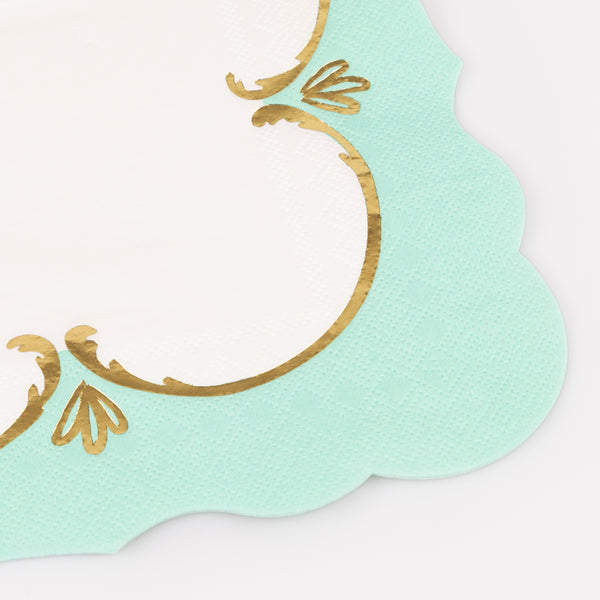 Our party napkins feature an exquisite rococo design with pastel shades and shiny gold foil,  made from high quality paper, for a stylish effect. Image2