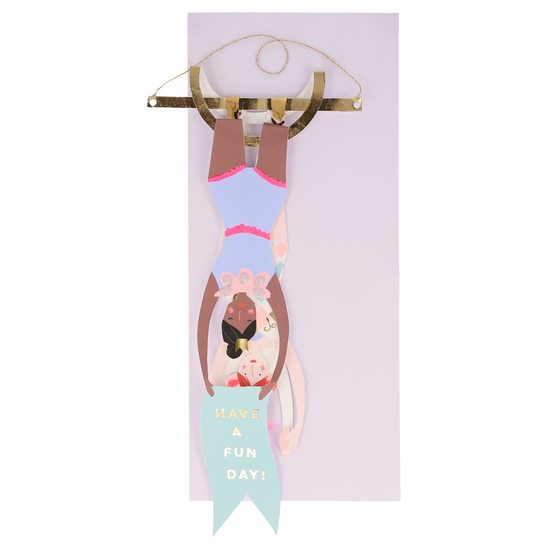 This birthday card is also a hanging decoration, featuring two acrobats so is perfect for a circus themed birthday party.