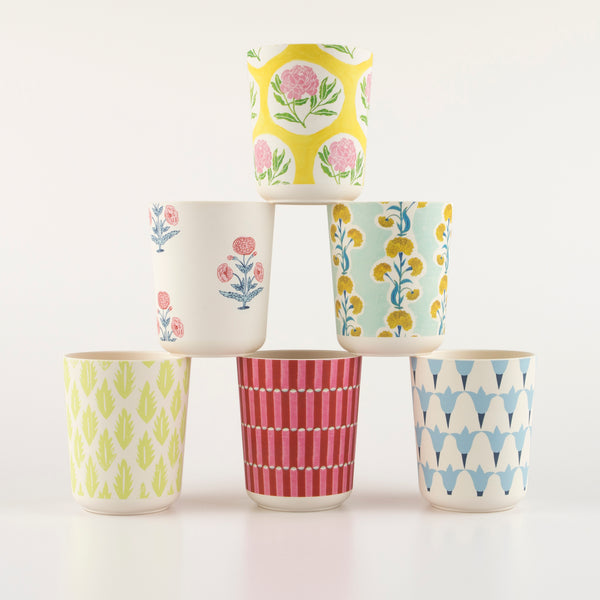 Our melamine cups are perfect for any party, and feature Molly Mahon block print designs. Image1