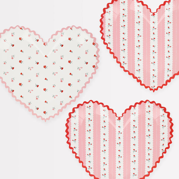 Our pink and red Valentine's plates are heart-shaped and have a pretty floral design.