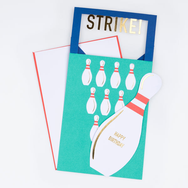 Our fun bowling birthday card features pop up bowling pins, a great decoration to give to someone who is having a bowling party. Image2