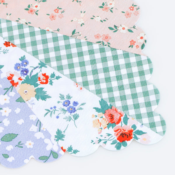 Our small napkins, made from 3-ply paper, feature a patchwork design of florals and ginghams in soft pastels, ideal as bridal shower napkins. Image2