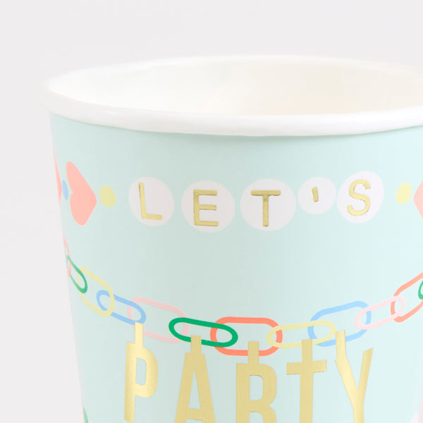 Our paper cups, with pastel colours, shiny gold foil and pretty charm inspired designs, are ideal as birthday party cups. Image3