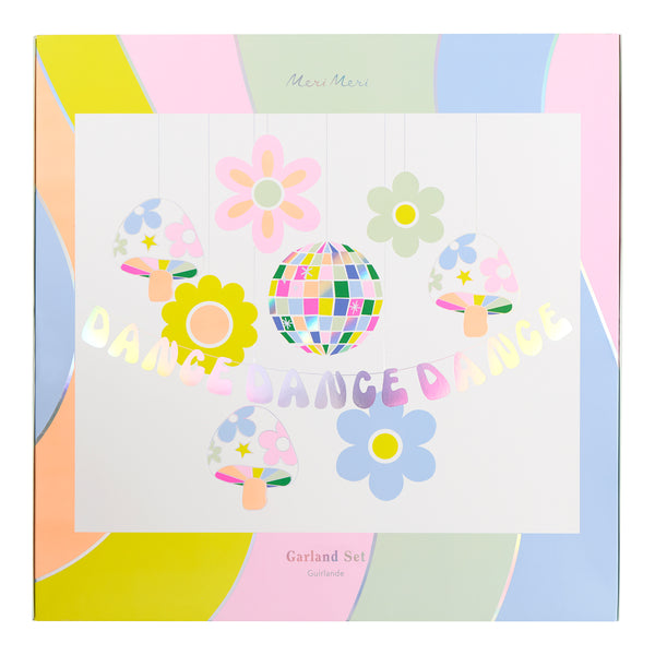 Add fun to your dance party with our groovy garland set of a fun garland and hanging decorations, with bright colours, icons and shiny silver foil. Image3
