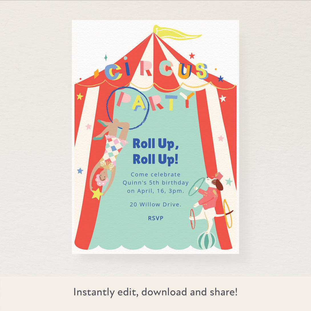 Our circus digital party invitation features a juggling dog, simply personalise it to make it perfect for your circus party.