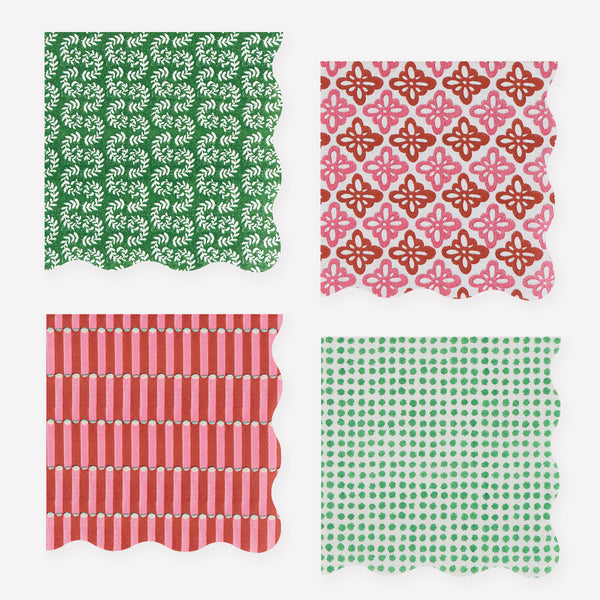 Our Christmas paper napkins, in a small size, feature Molly Mahon block print designs in seasonal colours with wavy edges for a stylish look. Image1