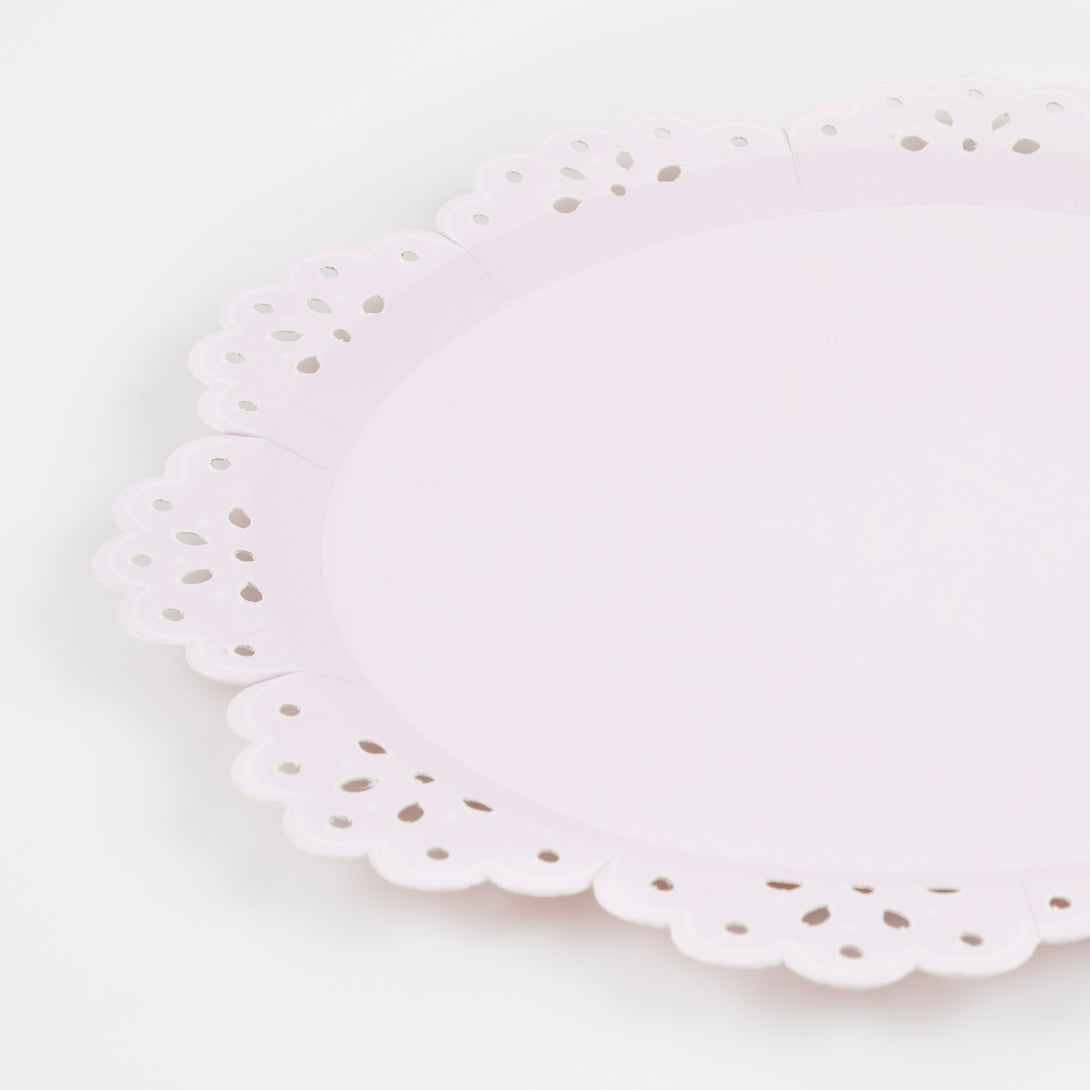 Our pink plates and peach plates, with a pretty lace design, are the perfect bridal shower plates.