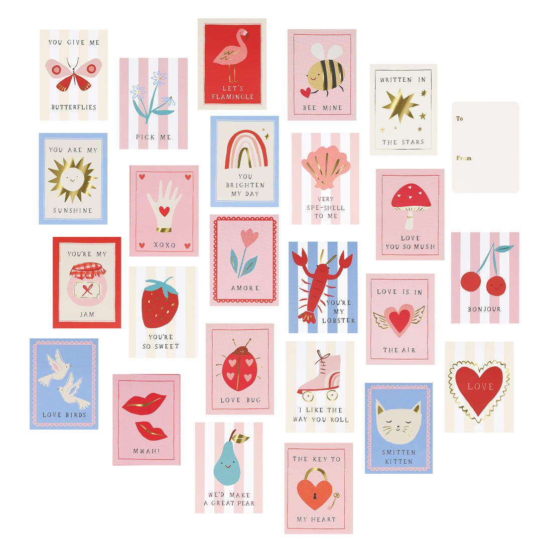 Our Valentines cards for kids include fun stickers and envelopes with puns and greetings, lots of pink and red and shiny gold foil look great.