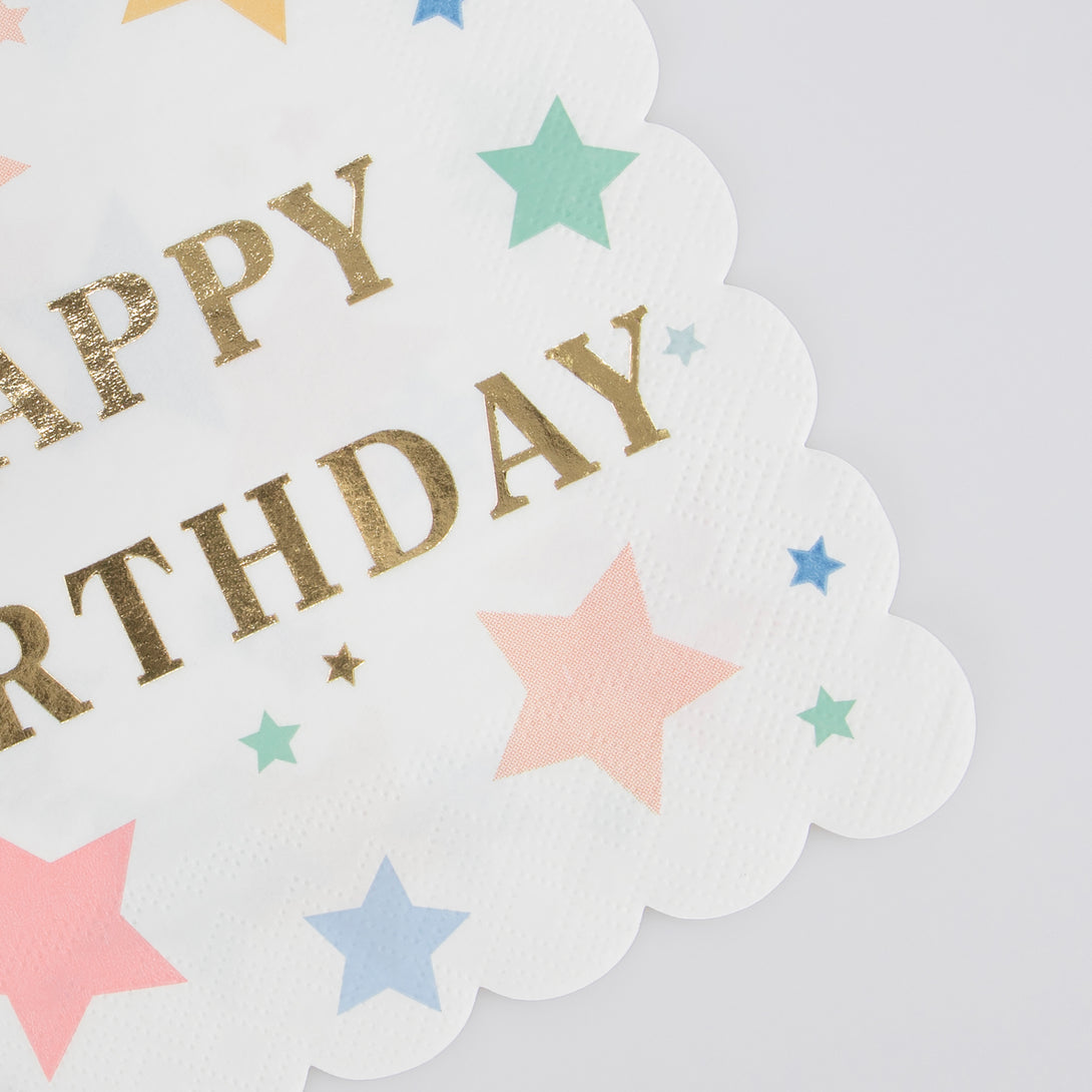 Our party napkins are the perfect birthday napkins as they feature the words Happy Birthday and lots of colourful stars.