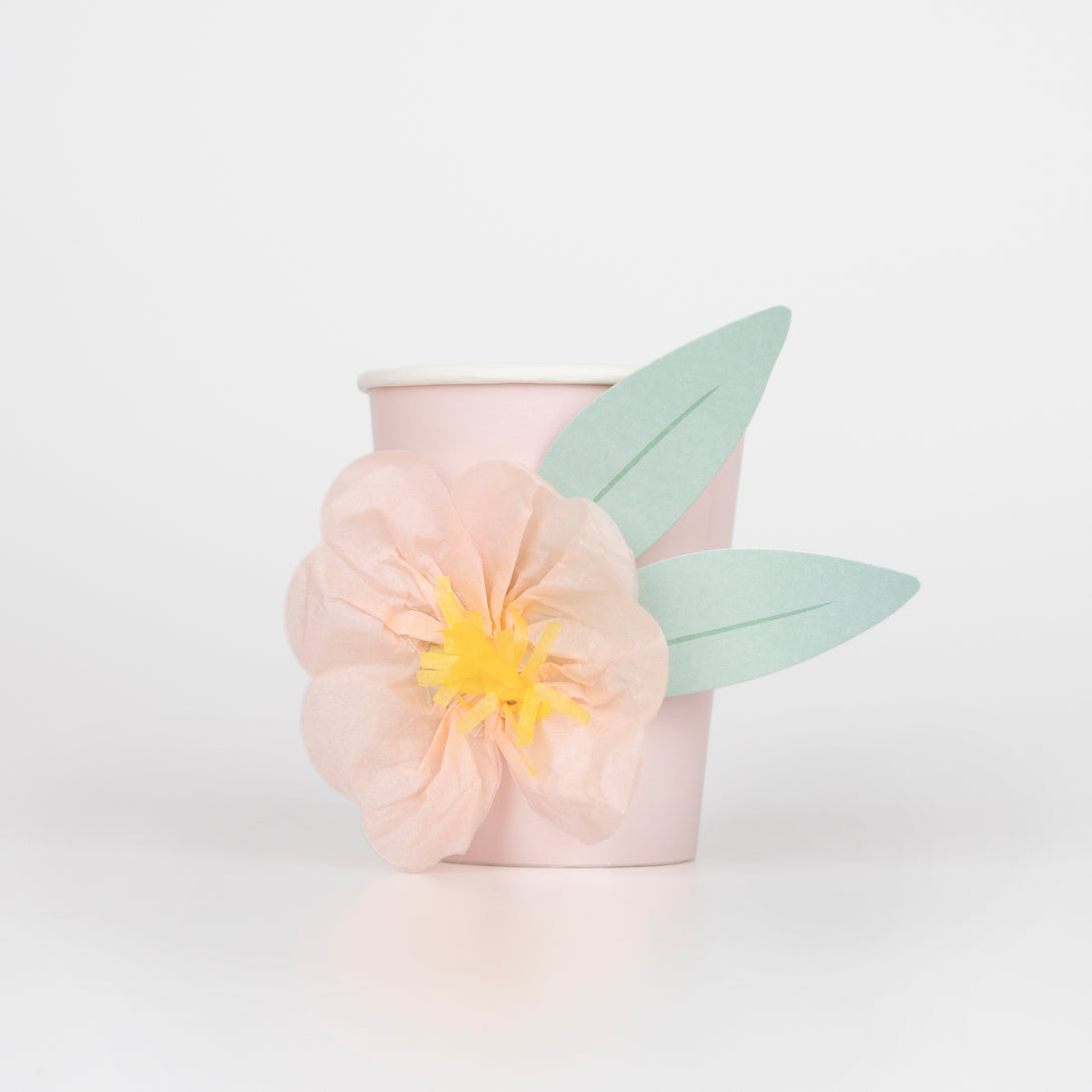 Our party cups have crepe paper flower embellishments, making them ideal as garden party cups, engagement cups or princess cups.