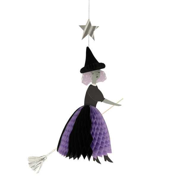 Our Halloween hanging decorations feature happy witches with honeycomb details, and shiny silver stars and a moon. Image5