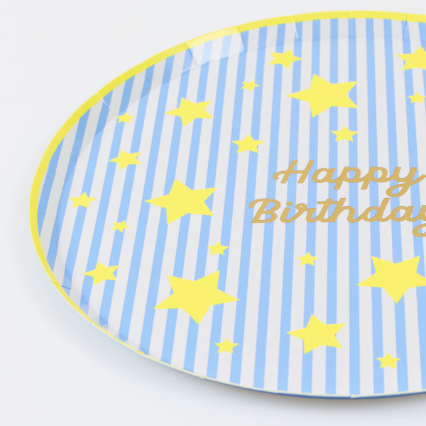 Our paper birthday plates, in a small side plate size, feature a shiny gold foil Happy Birthday message with stripes and neon stars, joyful! Image3