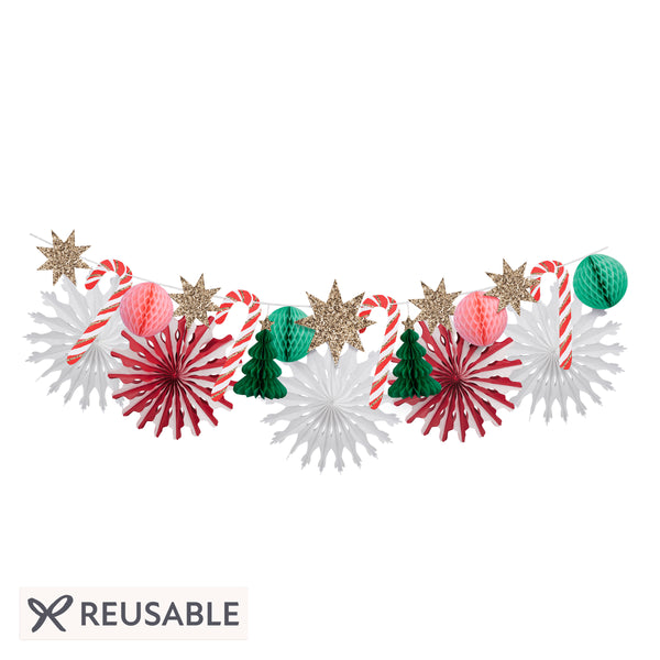 Our Christmas paper garland has 3D honeycomb decorations, stars and Christmas trees. Image1