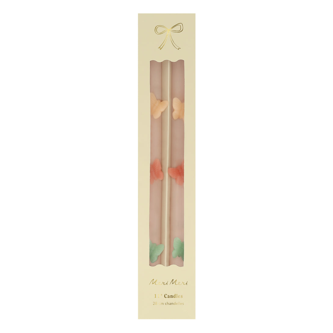 Our tall candles, in pink with coloured wax butterflies, are perfect as princess party candles or fairy party candles.